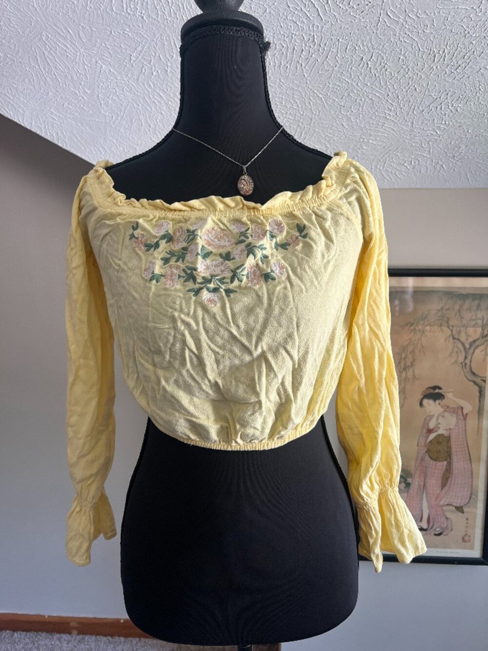 LA Hearts Butter Yellow Peasant Embroidered Crop Top Long Sleeve Cottagecore XS